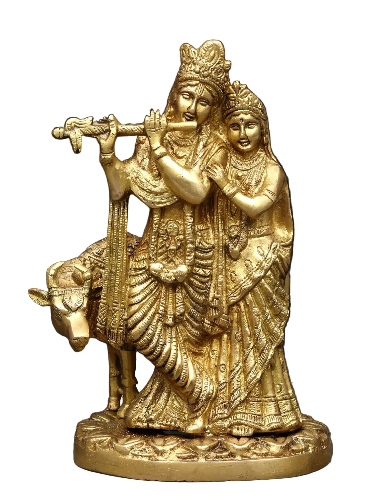 Radha Krishna with Cow Brass Idol – Handmade Antique Finish for Home & Pooja