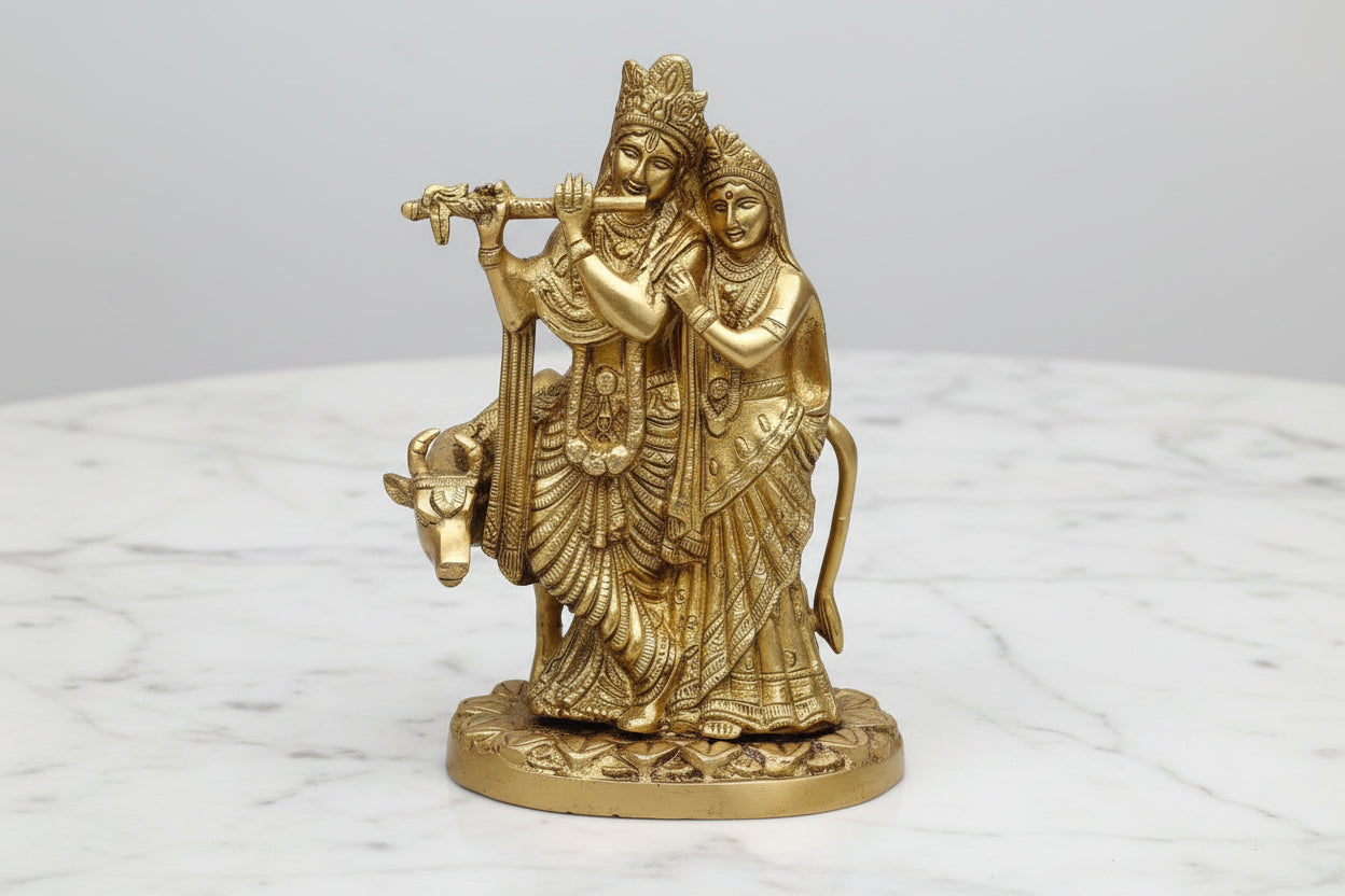 Radha Krishna with Cow Brass Idol – Handmade Antique Finish for Home & Pooja