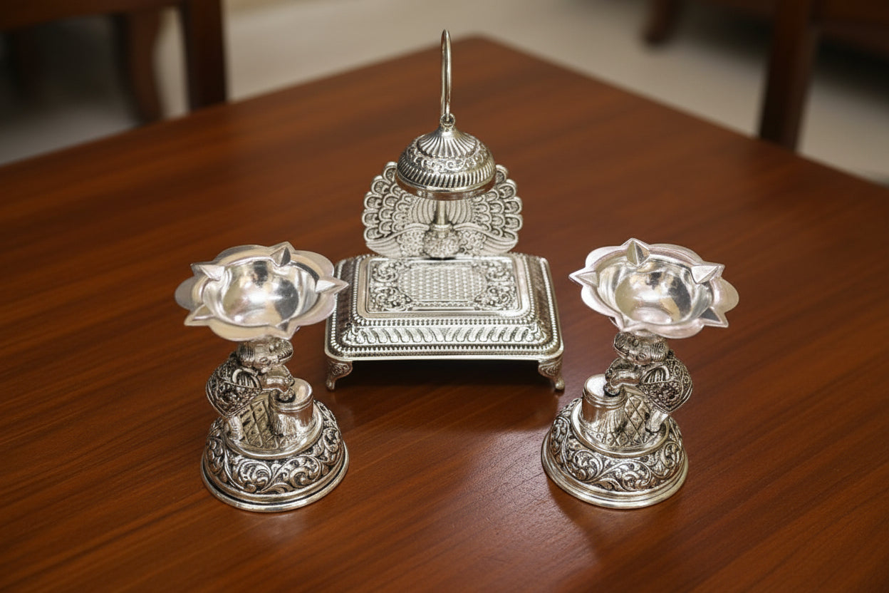 Silver Plated Elephant Diya with Singhasan – Handmade Spiritual Décor