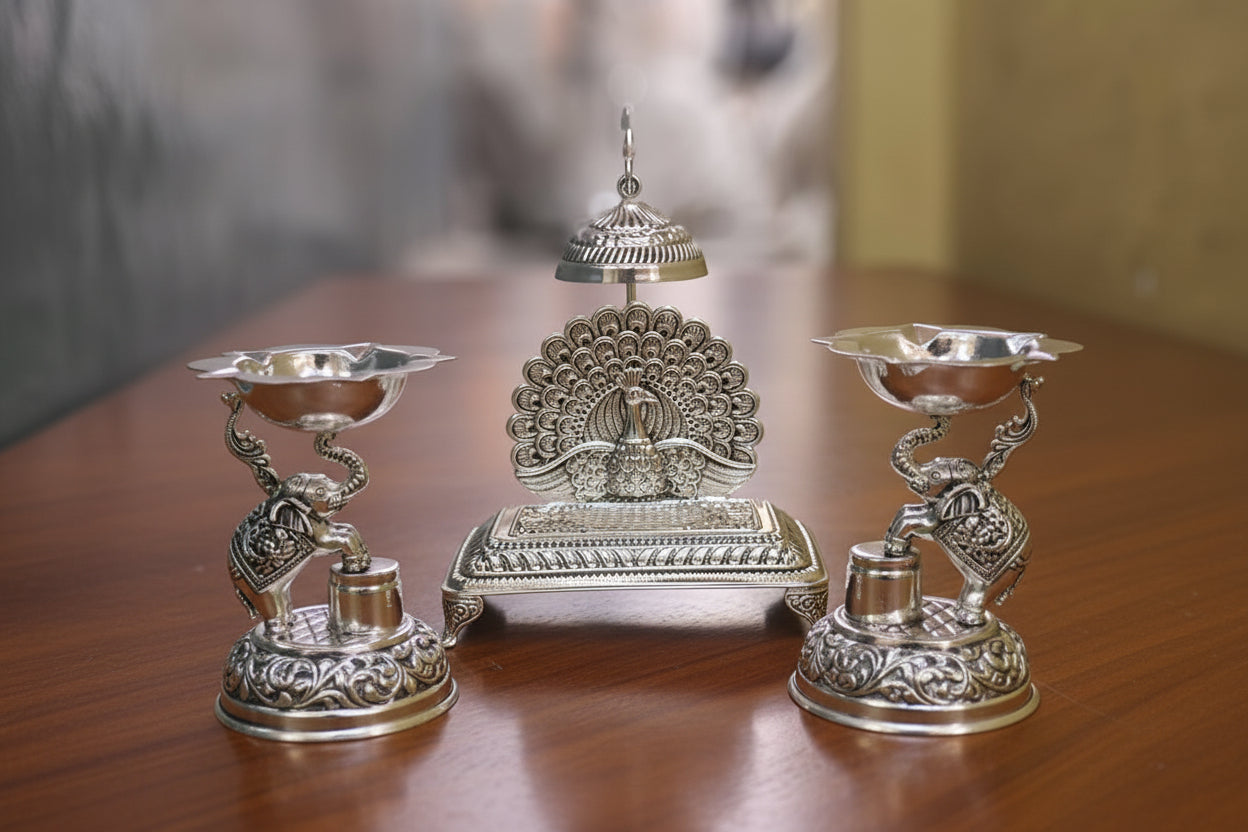 Silver Plated Elephant Diya with Singhasan – Handmade Spiritual Décor