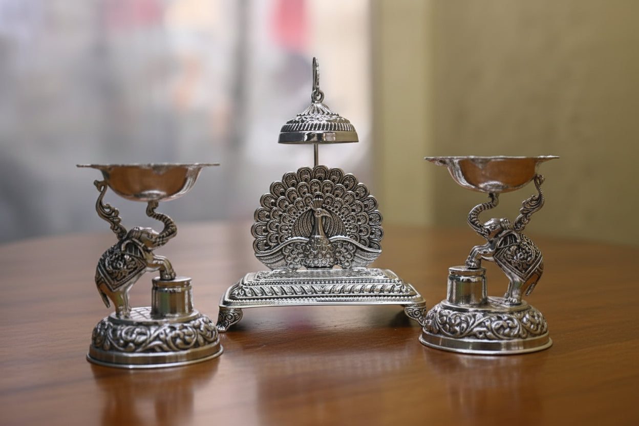 Silver Plated Elephant Diya with Singhasan – Handmade Spiritual Décor