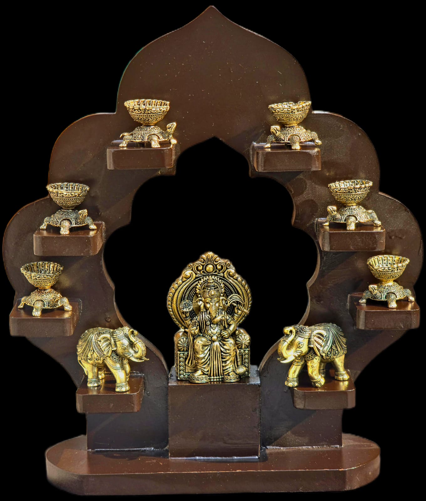 Brass Lord Ganesha Idol with set of 2 Elephants and 6 Tortoise diya with Wooden frame