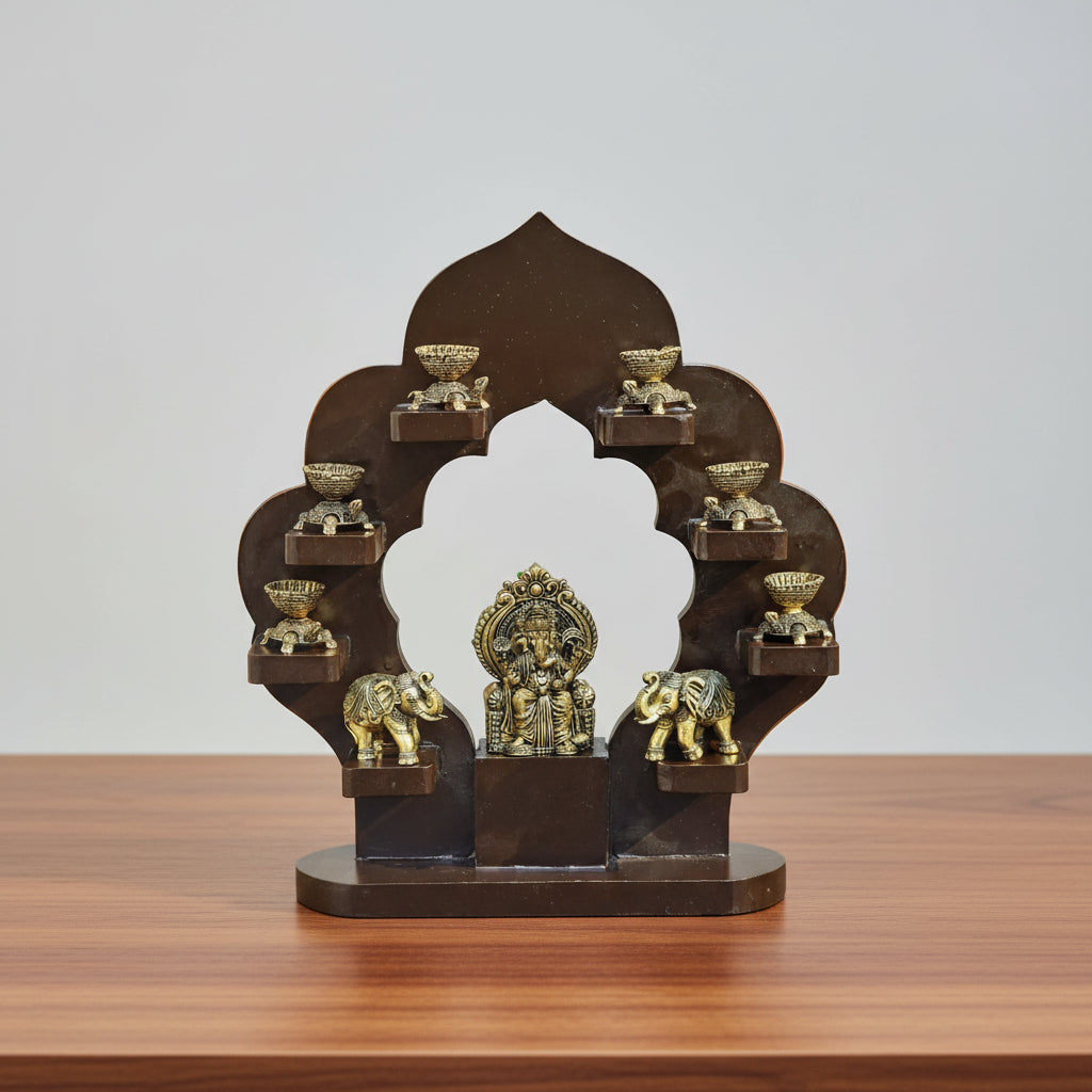Brass Lord Ganesha Idol with set of 2 Elephants and 6 Tortoise diya with Wooden frame