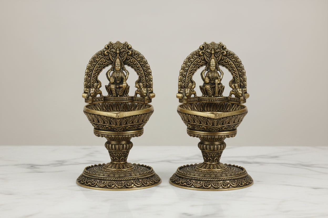 Brass Gaja Lakshmi Kamachi Deepak  pair – Handmade Antique Pooja Décor