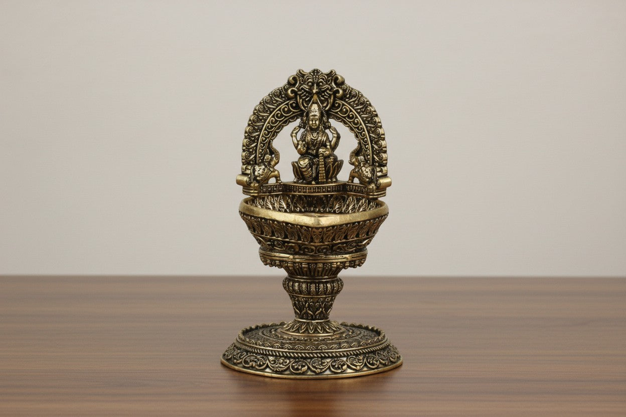 Brass Gaja Lakshmi Kamachi Deepak – Handmade Antique Pooja Décor, 1 piece