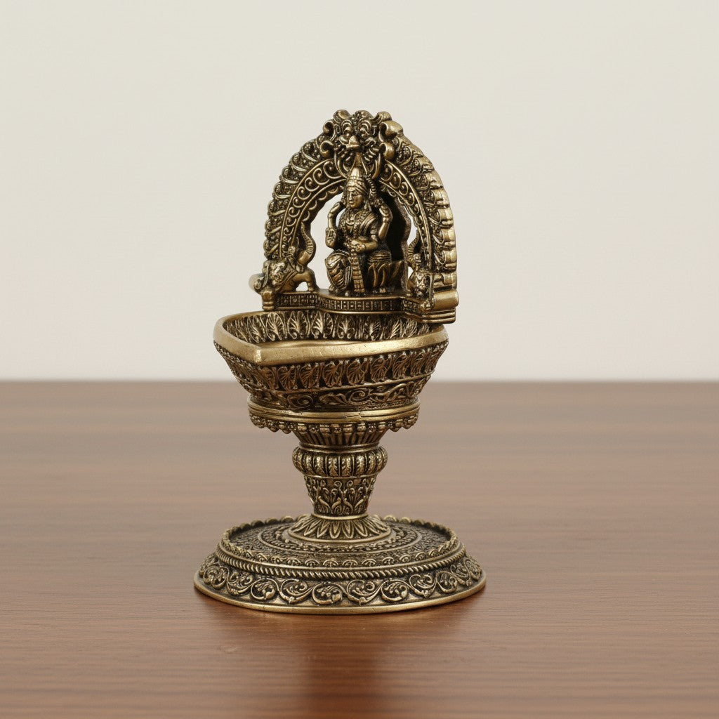 Brass Gaja Lakshmi Kamachi Deepak – Handmade Antique Pooja Décor, 1 piece