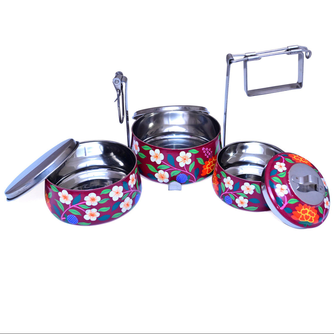 Hand-Painted 3-Tier Stainless Steel Lunch Box –  Floral Design Eco-Friendly & Artistic Food Carrier
