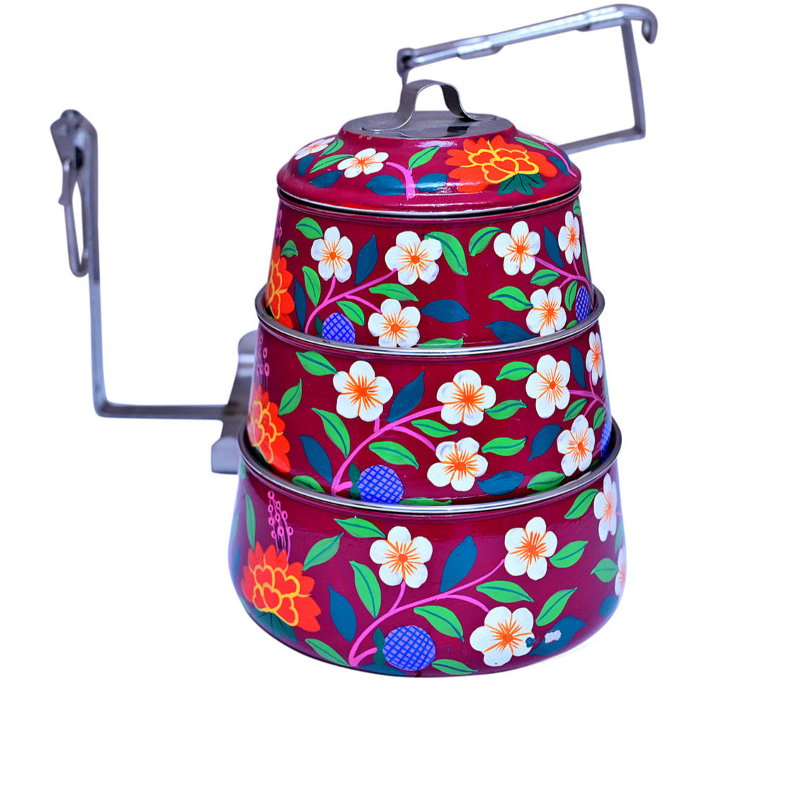 Hand-Painted 3-Tier Stainless Steel Lunch Box –  Floral Design Eco-Friendly & Artistic Food Carrier