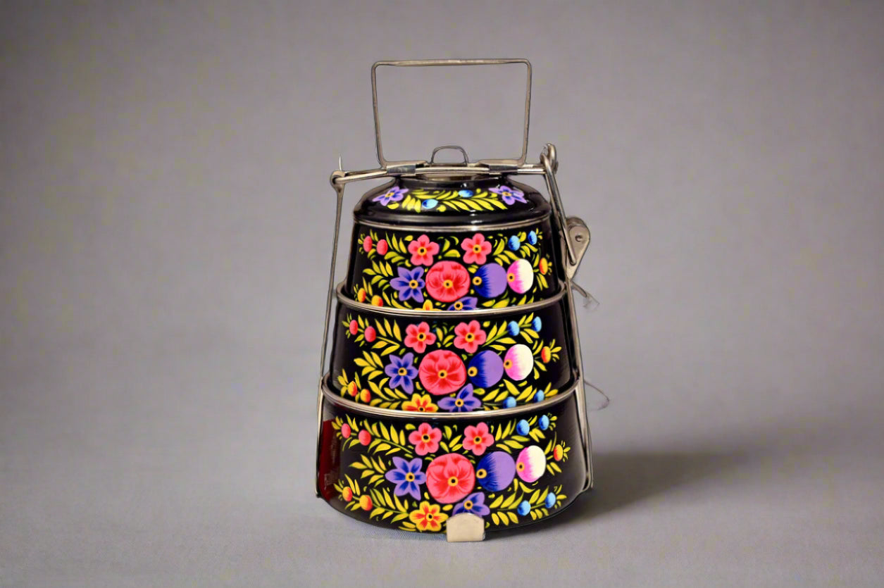 Hand-Painted 3-Tier Stainless Steel Lunch Box –  black Floral Design Eco-Friendly & Artistic Food Carrier