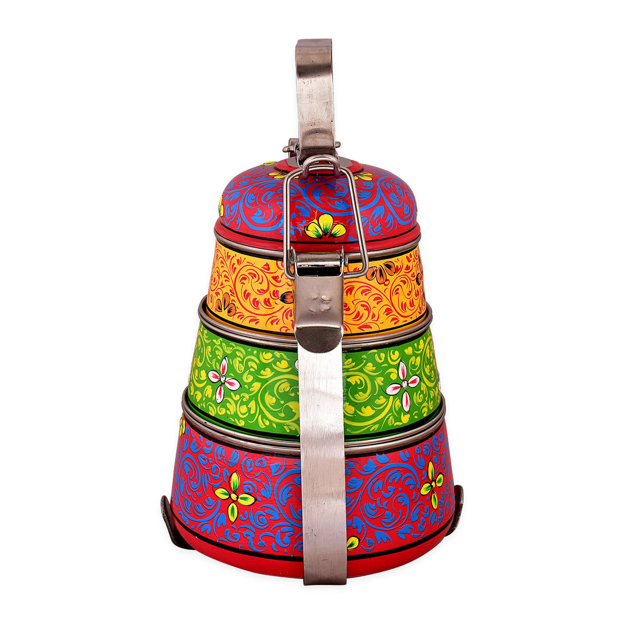 Hand-Painted 3-Tier Stainless Steel Lunch Box –  multicolor Floral Design Eco-Friendly & Artistic Food Carrier