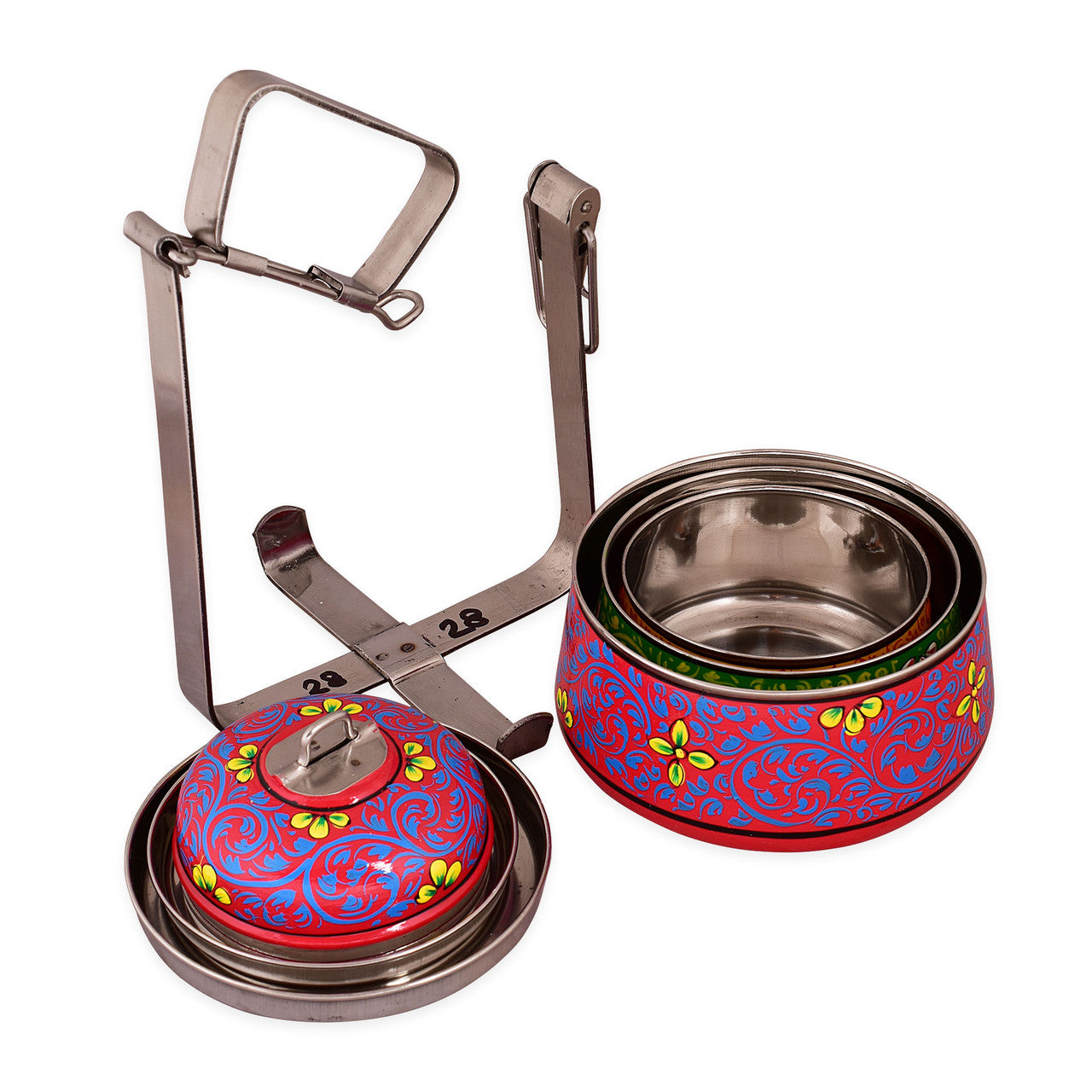 Hand-Painted 3-Tier Stainless Steel Lunch Box –  multicolor Floral Design Eco-Friendly & Artistic Food Carrier