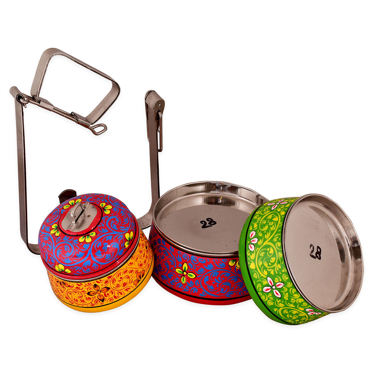 Hand-Painted 3-Tier Stainless Steel Lunch Box –  multicolor Floral Design Eco-Friendly & Artistic Food Carrier