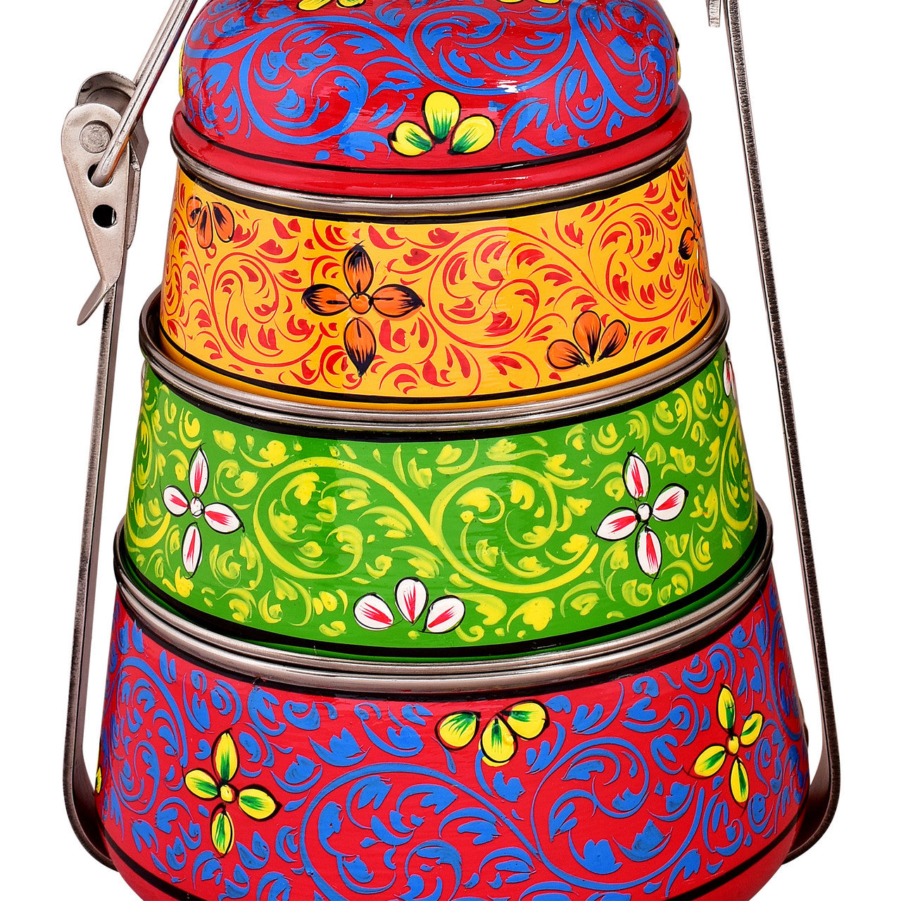 Hand-Painted 3-Tier Stainless Steel Lunch Box –  multicolor Floral Design Eco-Friendly & Artistic Food Carrier