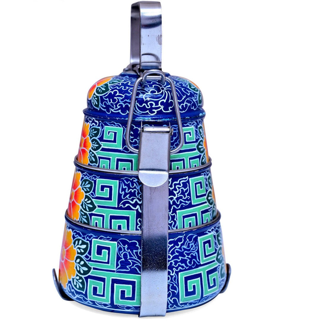 Hand-Painted 3-Tier Stainless Steel Lunch Box –  blue Floral Design Eco-Friendly & Artistic Food Carrier