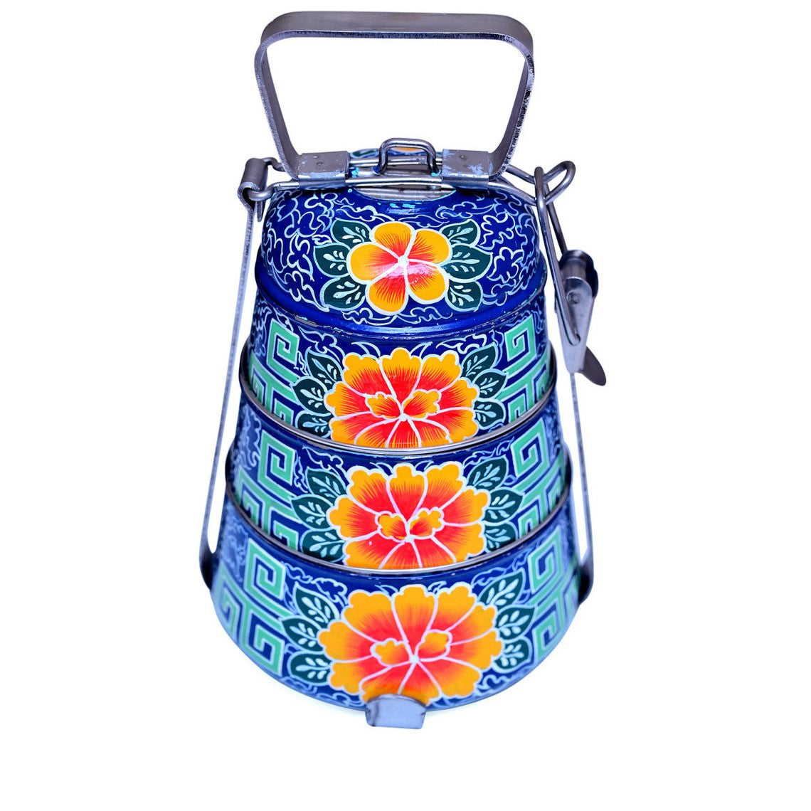 Hand-Painted 3-Tier Stainless Steel Lunch Box –  blue Floral Design Eco-Friendly & Artistic Food Carrier