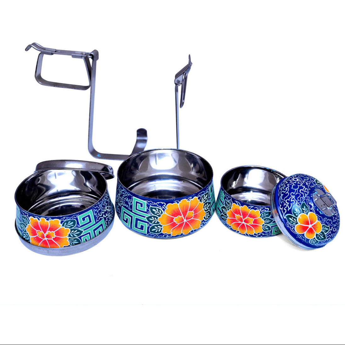 Hand-Painted 3-Tier Stainless Steel Lunch Box –  blue Floral Design Eco-Friendly & Artistic Food Carrier