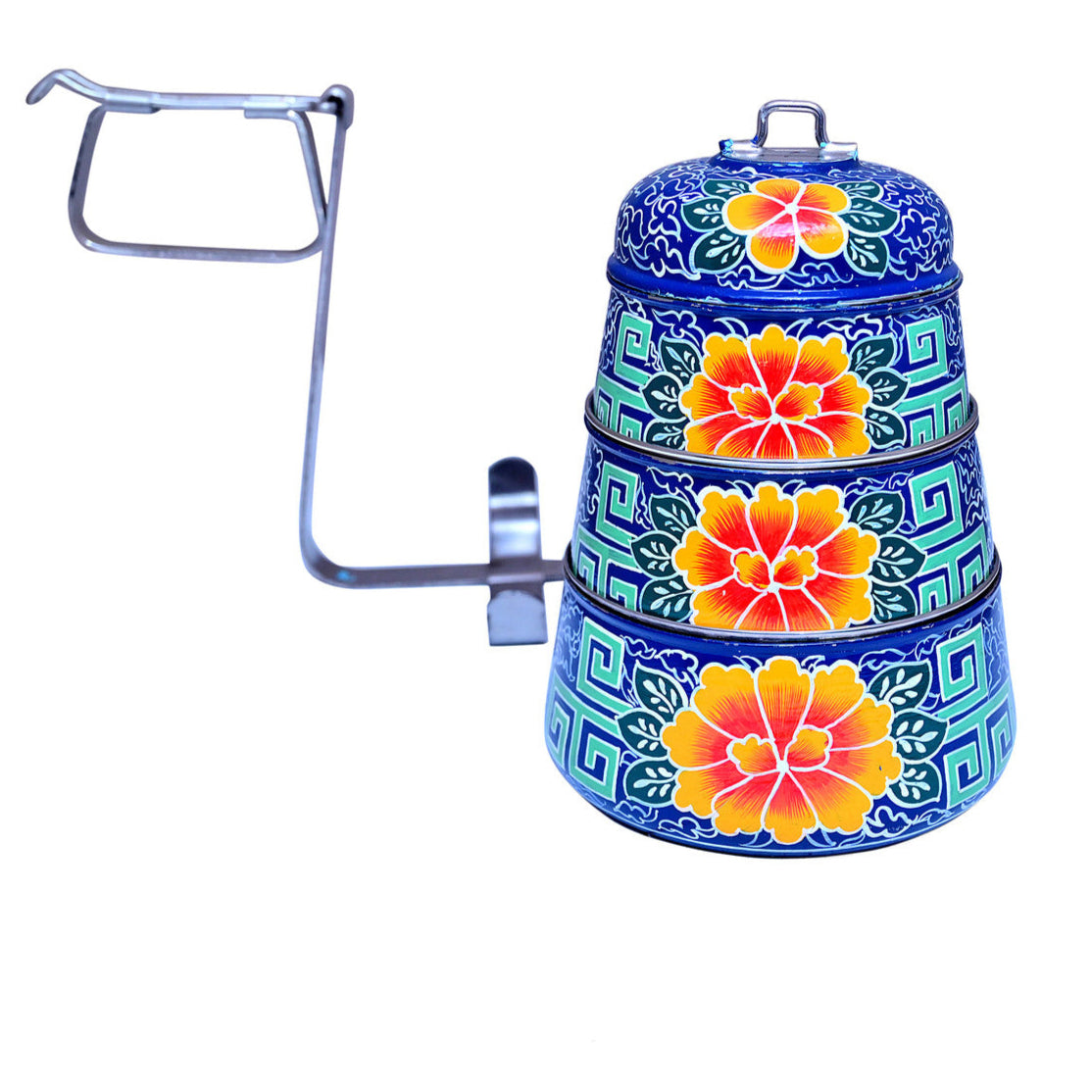 Hand-Painted 3-Tier Stainless Steel Lunch Box –  blue Floral Design Eco-Friendly & Artistic Food Carrier
