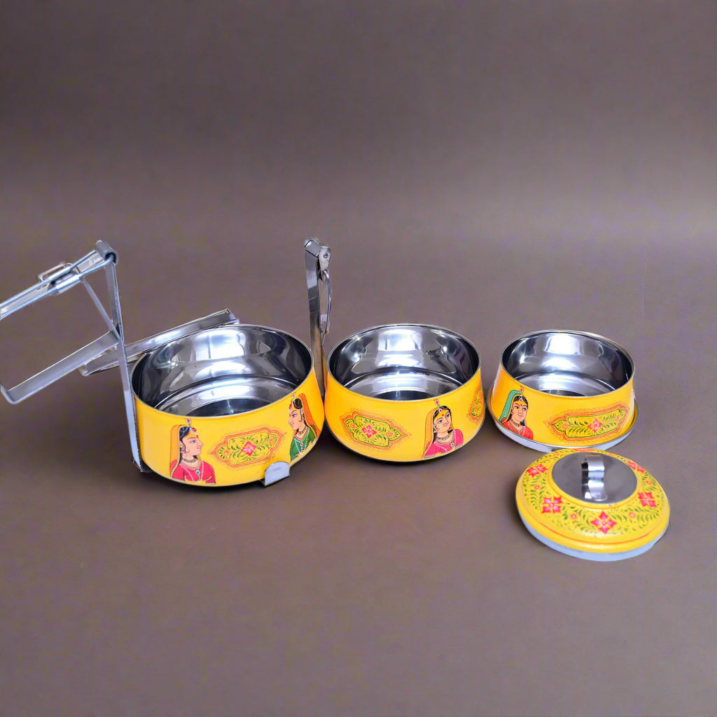 Hand-Painted 3-Tier Stainless Steel Lunch Box – princess yellow Design Eco-Friendly & Artistic Food Carrier