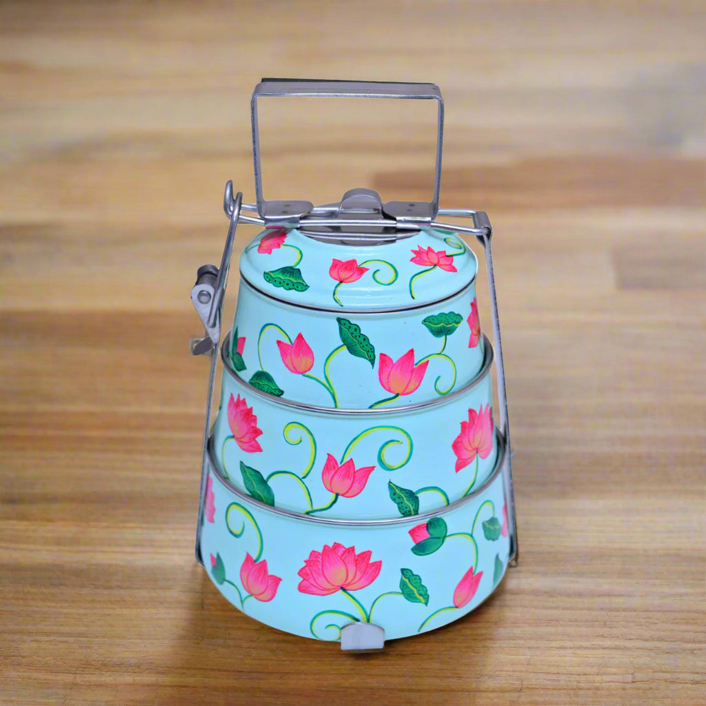 Hand-Painted 3-Tier Stainless Steel Lunch Box – floral blue Design Eco-Friendly & Artistic Food Carrier