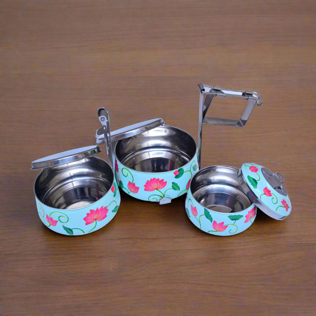 Hand-Painted 3-Tier Stainless Steel Lunch Box – floral blue Design Eco-Friendly & Artistic Food Carrier