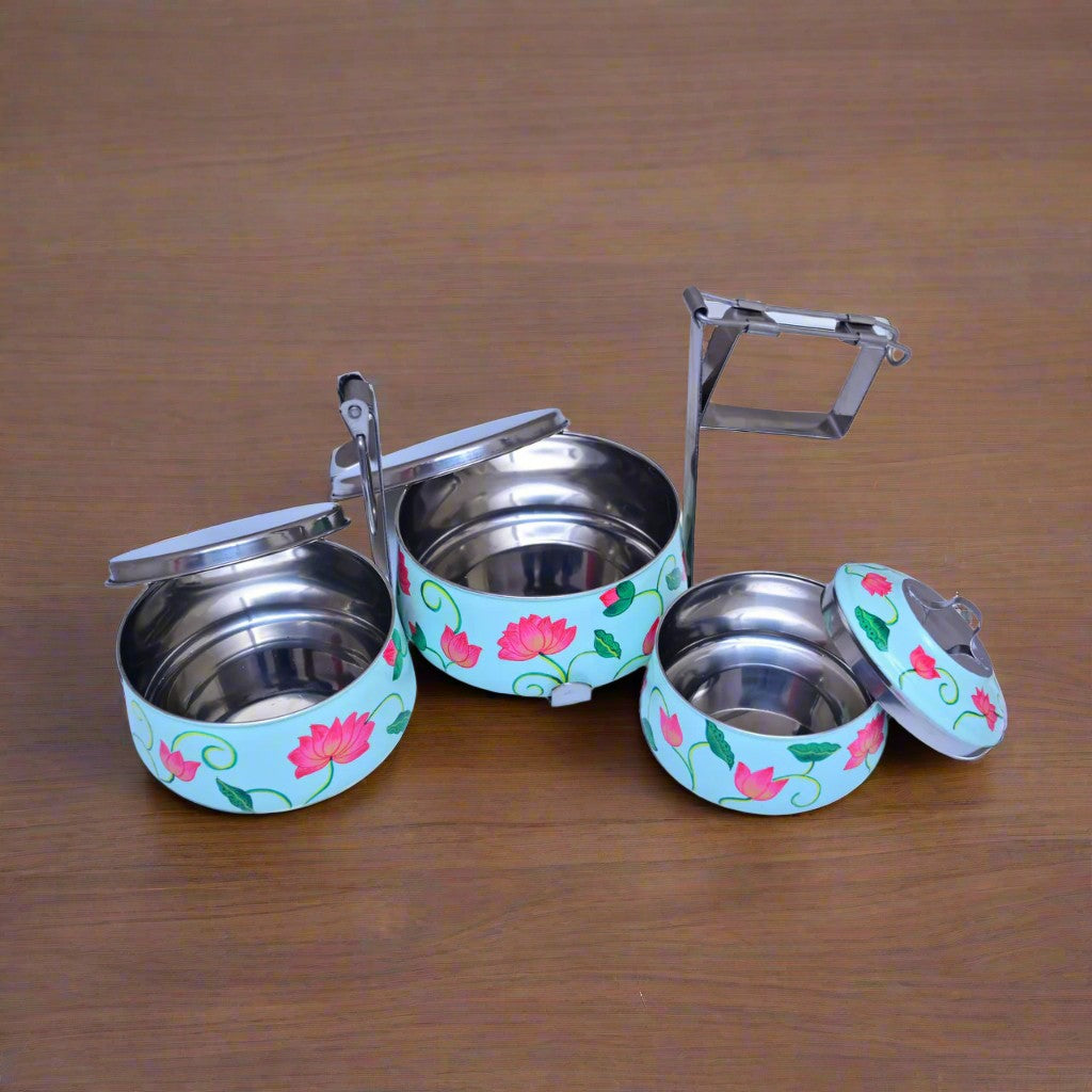 Hand-Painted 3-Tier Stainless Steel Lunch Box – floral blue Design Eco-Friendly & Artistic Food Carrier