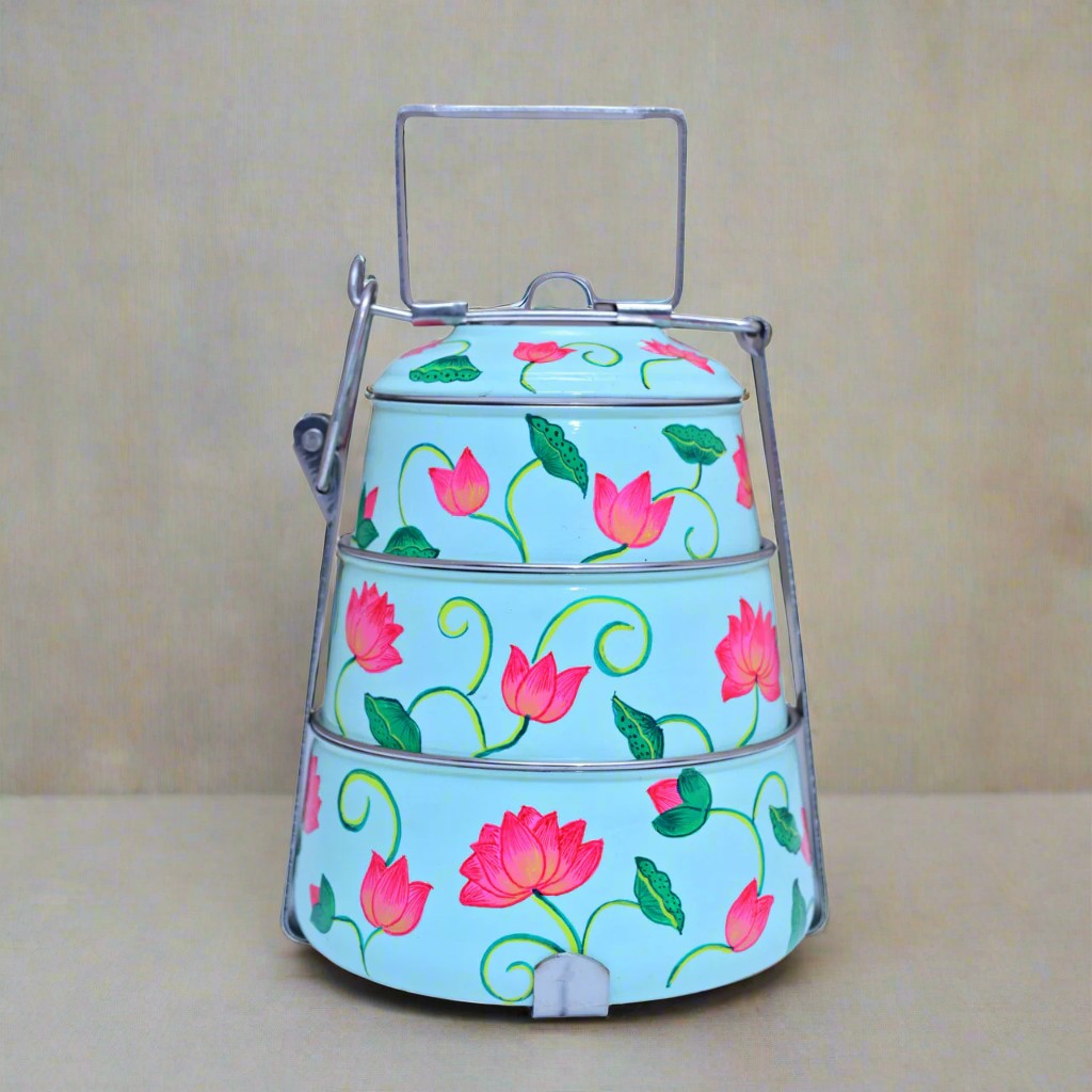 Hand-Painted 3-Tier Stainless Steel Lunch Box – floral blue Design Eco-Friendly & Artistic Food Carrier