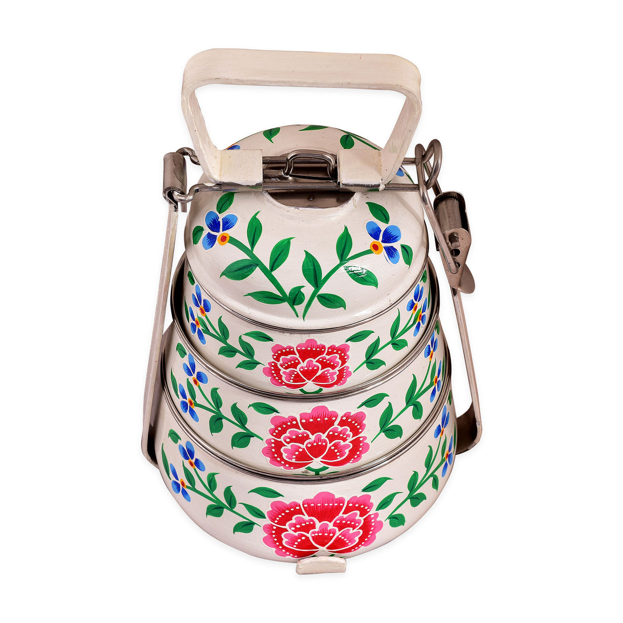 Hand-Painted 3-Tier Stainless Steel Lunch Box – floral off white Design Eco-Friendly & Artistic Food Carrier