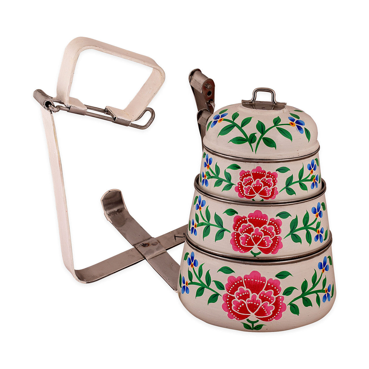 Hand-Painted 3-Tier Stainless Steel Lunch Box – floral off white Design Eco-Friendly & Artistic Food Carrier