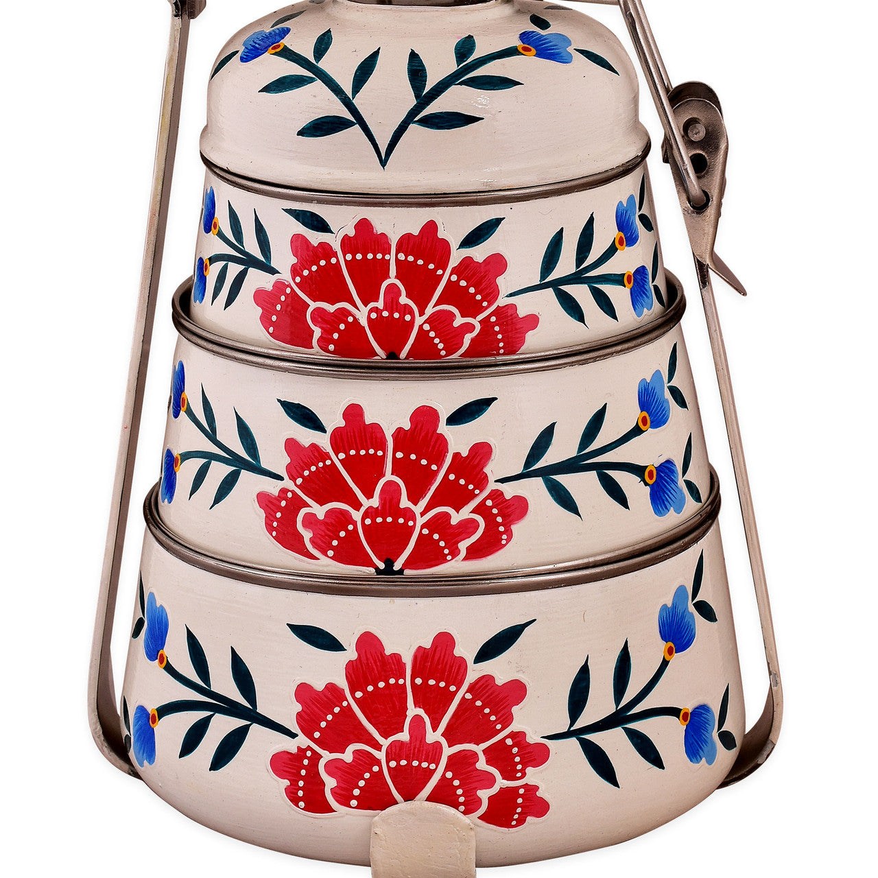 Hand-Painted 3-Tier Stainless Steel Lunch Box – off white floral Design Eco-Friendly & Artistic Food Carrier