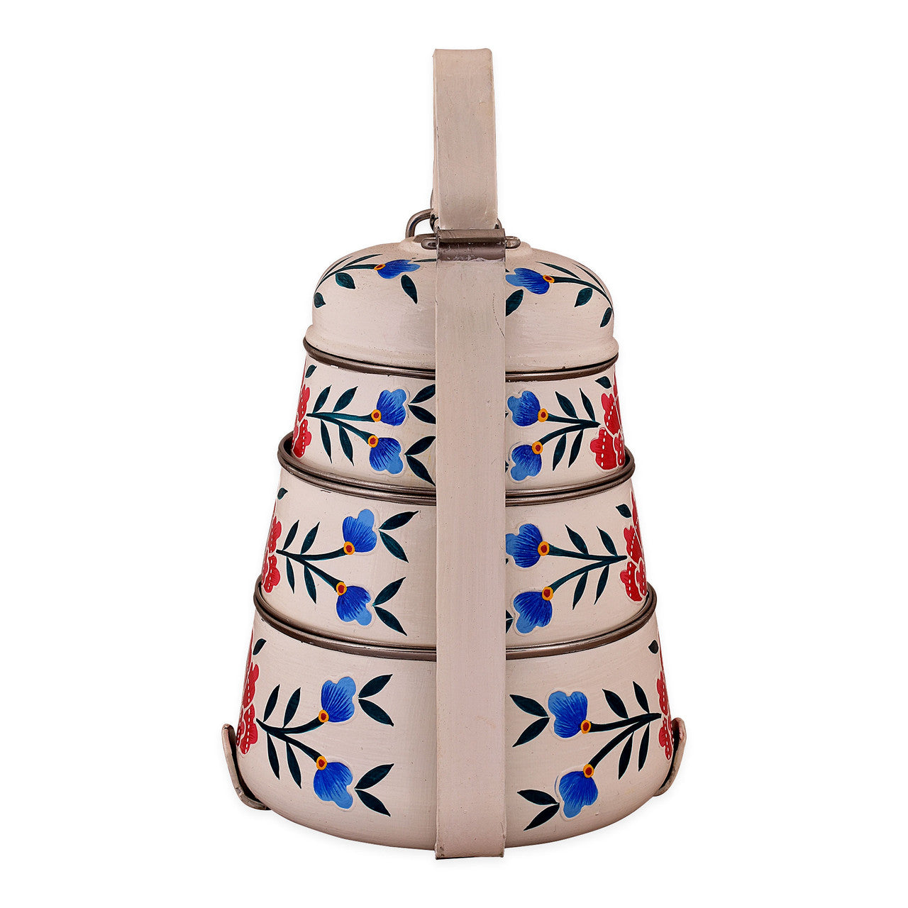Hand-Painted 3-Tier Stainless Steel Lunch Box – off white floral Design Eco-Friendly & Artistic Food Carrier