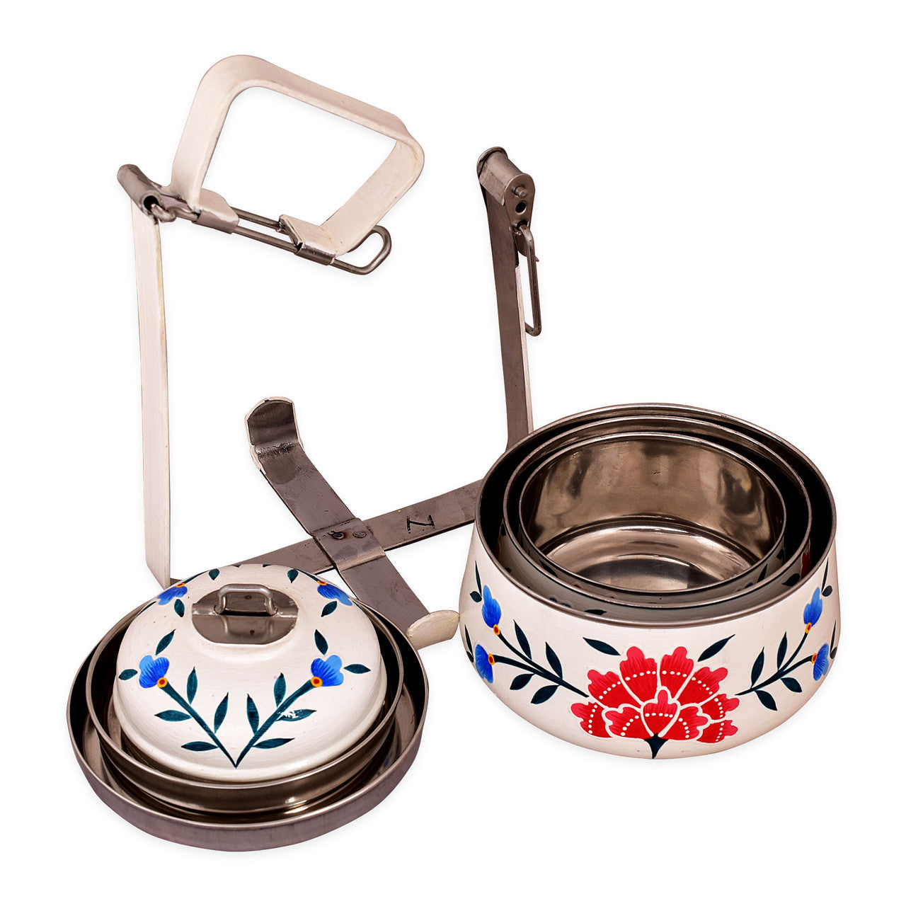 Hand-Painted 3-Tier Stainless Steel Lunch Box – off white floral Design Eco-Friendly & Artistic Food Carrier