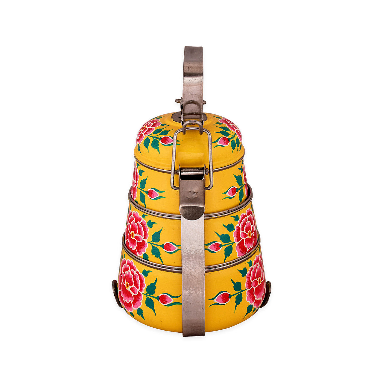 Hand-Painted 3-Tier Stainless Steel Lunch Box – yellow floral Design Eco-Friendly & Artistic Food Carrier