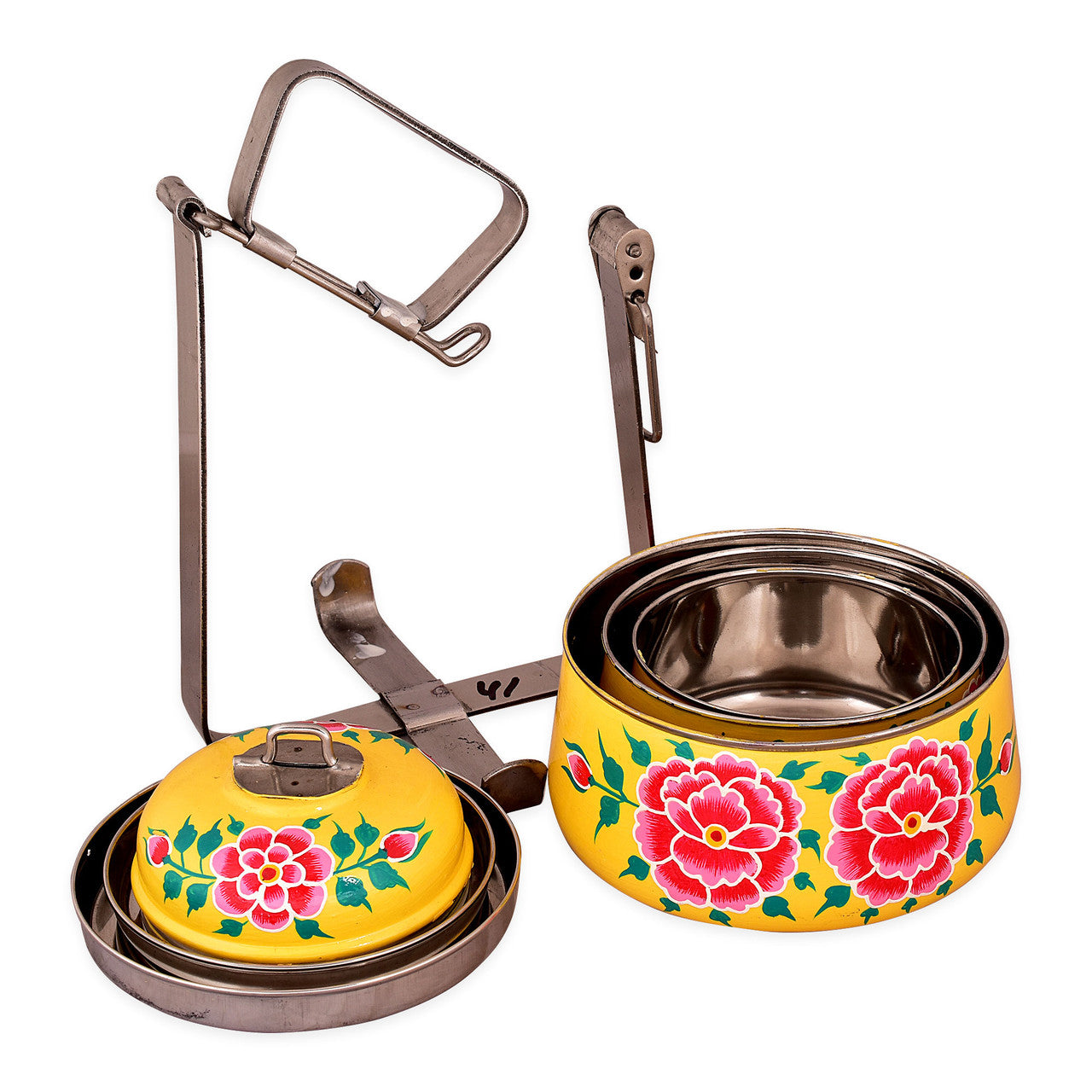 Hand-Painted 3-Tier Stainless Steel Lunch Box – yellow floral Design Eco-Friendly & Artistic Food Carrier