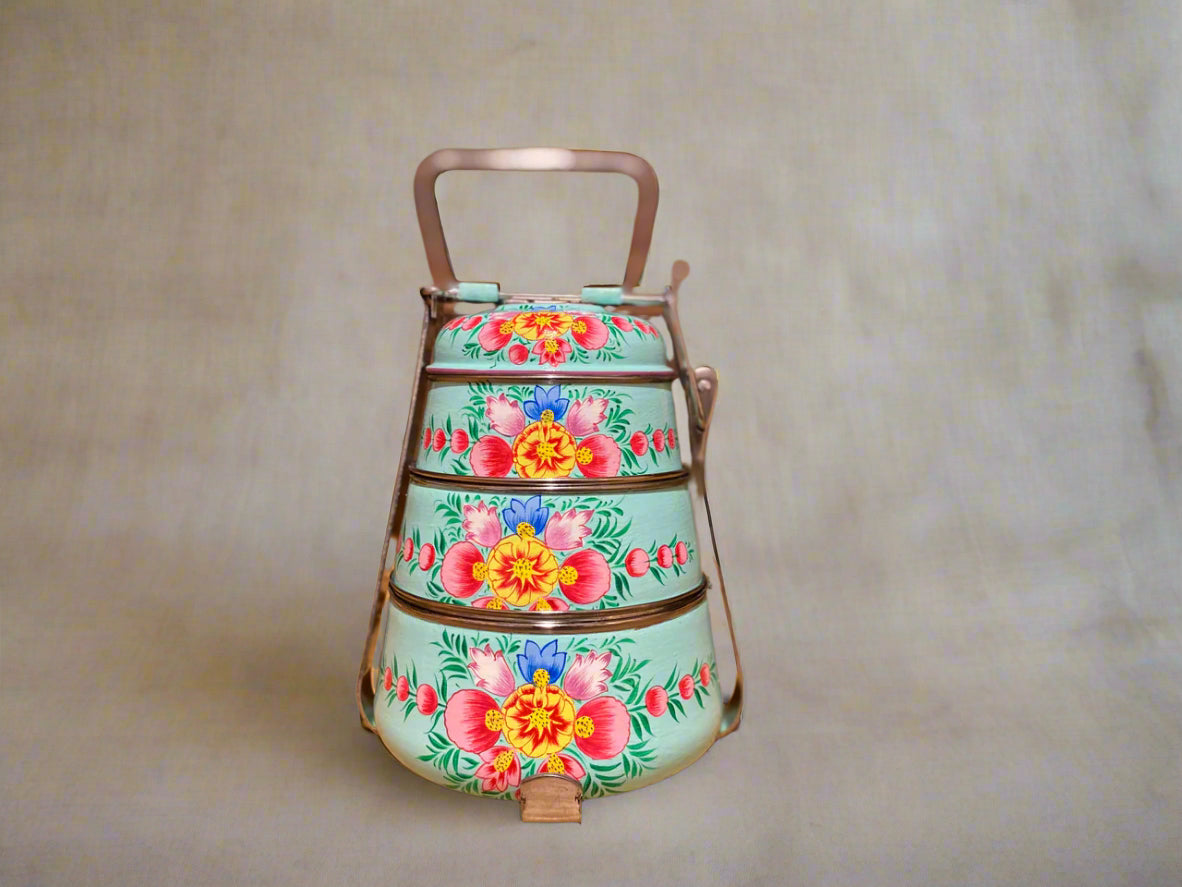 Hand-Painted 3-Tier Stainless Steel Lunch Box –  blue floral Design Eco-Friendly tiffin box