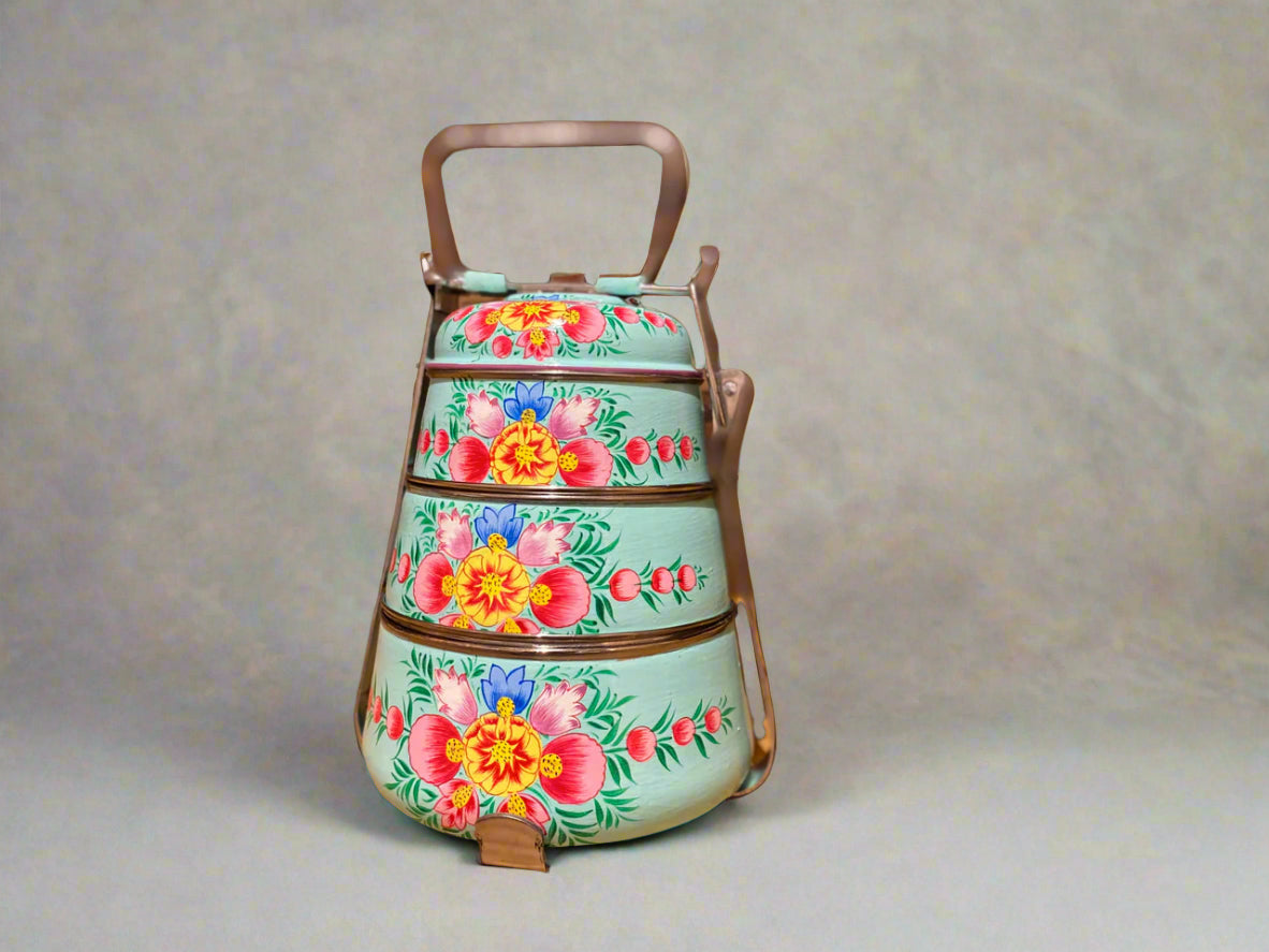 Hand-Painted 3-Tier Stainless Steel Lunch Box –  blue floral Design Eco-Friendly tiffin box