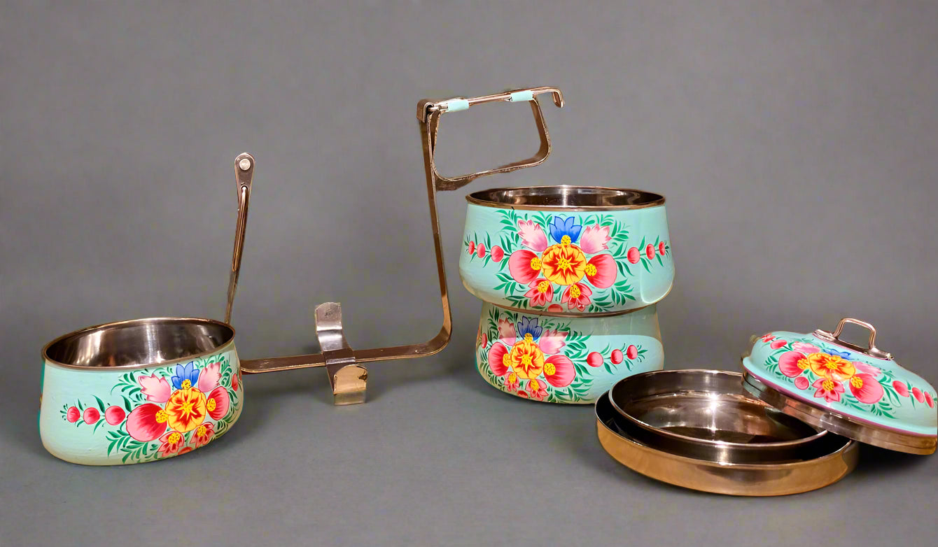 Hand-Painted 3-Tier Stainless Steel Lunch Box –  blue floral Design Eco-Friendly tiffin box