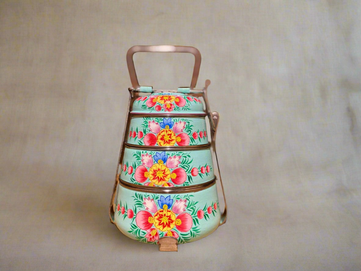 Hand-Painted 3-Tier Stainless Steel Lunch Box –  blue floral Design Eco-Friendly tiffin box