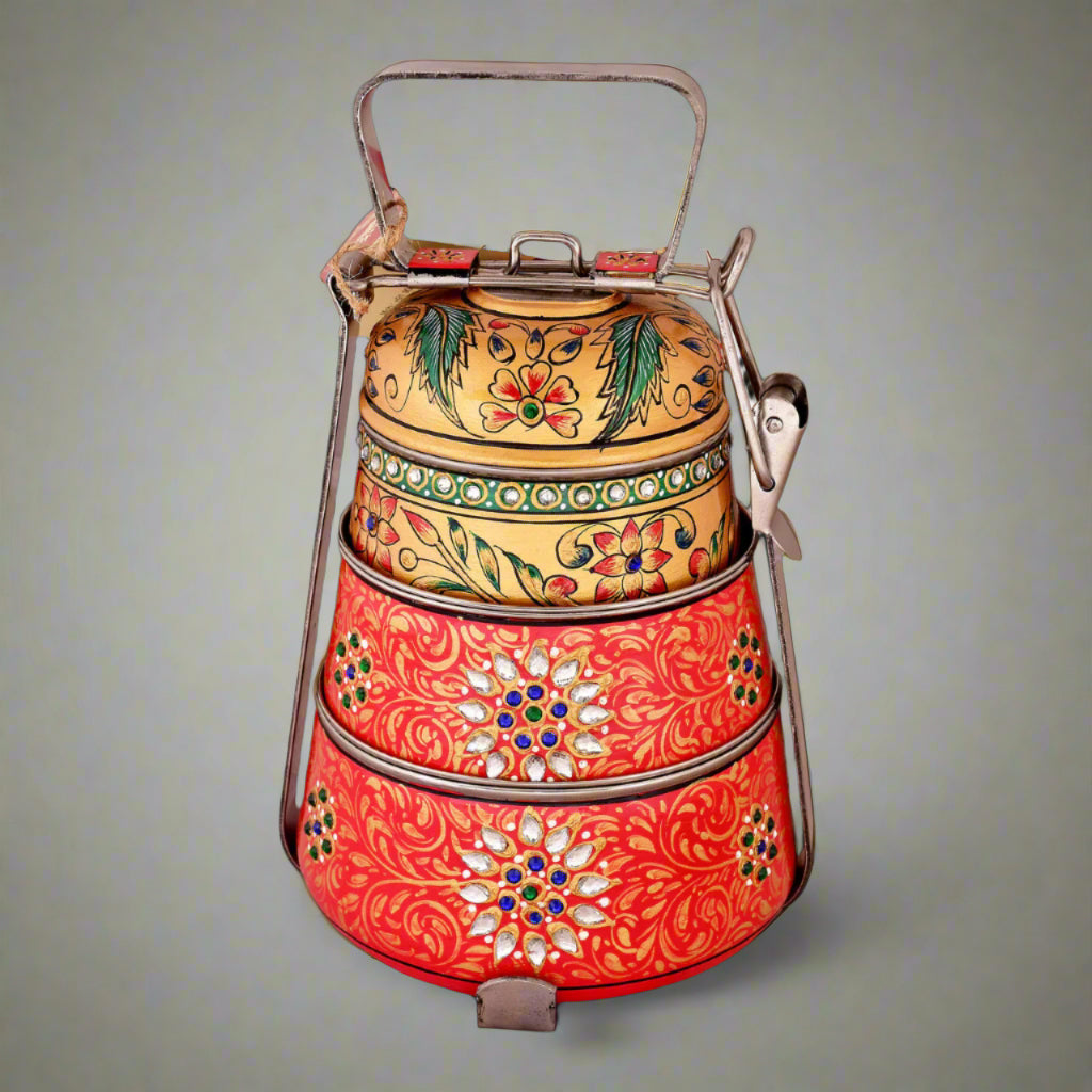 Hand-Painted 3-Tier Stainless Steel Lunch Box – golden red floral Design Eco-Friendly tiffin box