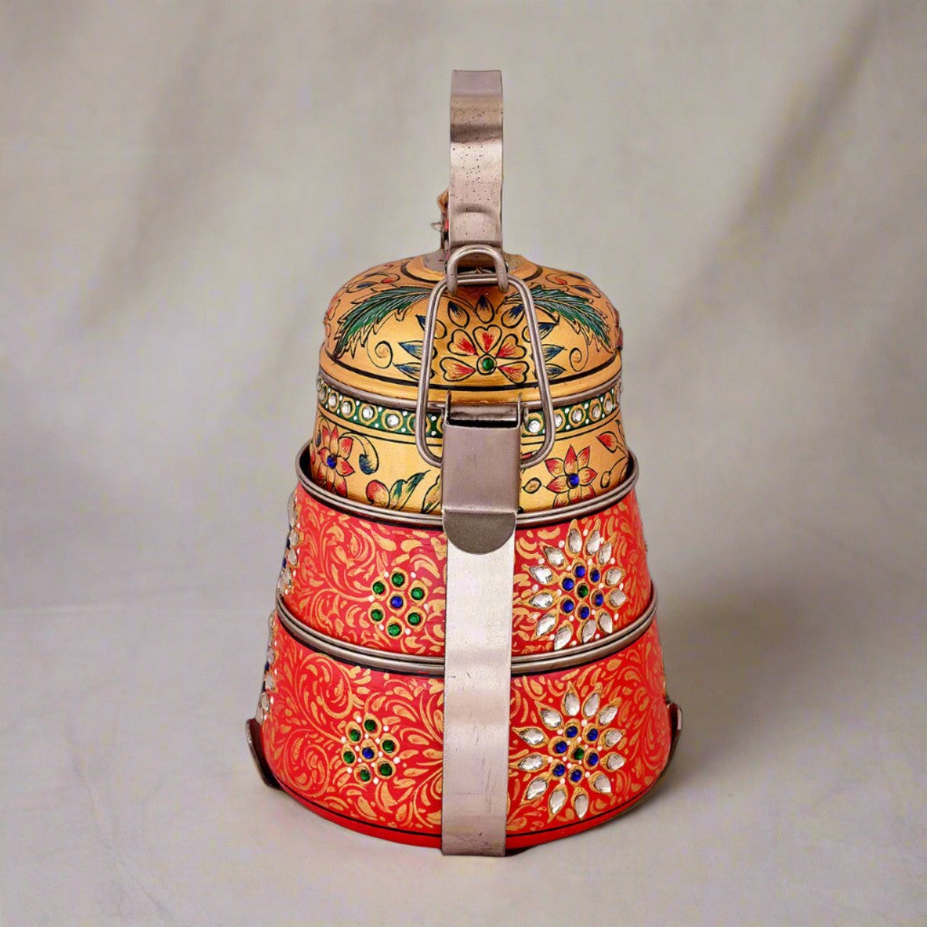 Hand-Painted 3-Tier Stainless Steel Lunch Box – golden red floral Design Eco-Friendly tiffin box