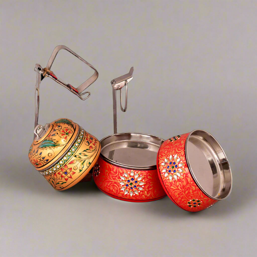 Hand-Painted 3-Tier Stainless Steel Lunch Box – golden red floral Design Eco-Friendly tiffin box