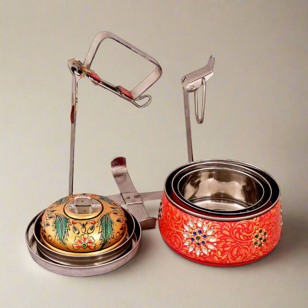 Hand-Painted 3-Tier Stainless Steel Lunch Box – golden red floral Design Eco-Friendly tiffin box