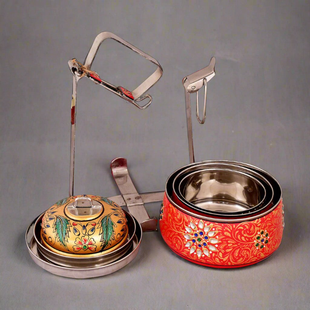 Hand-Painted 3-Tier Stainless Steel Lunch Box – golden red floral Design Eco-Friendly tiffin box