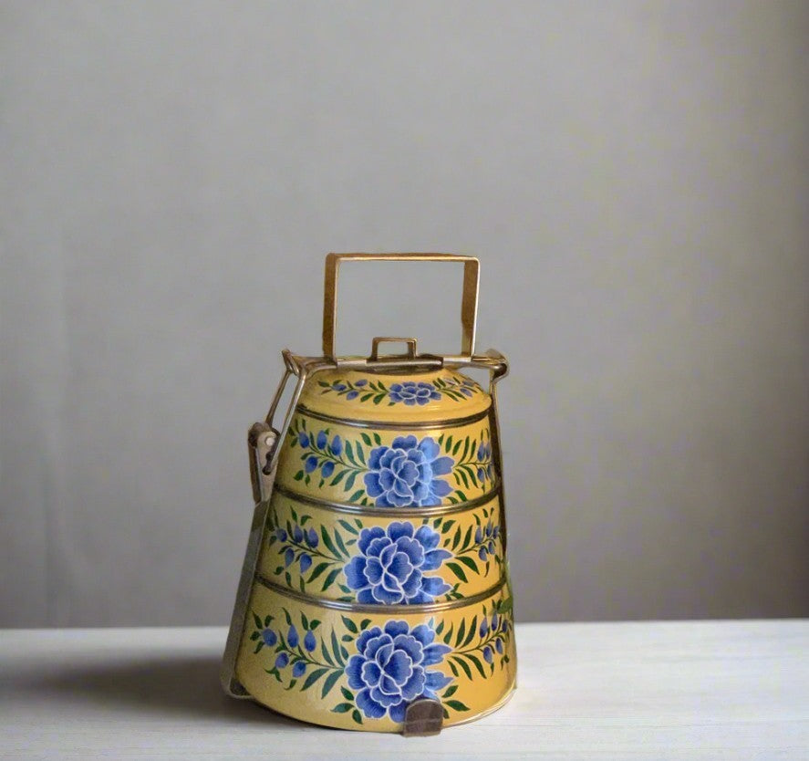 Hand-Painted 3-Tier Stainless Steel Lunch Box – yellow blue floral Design Eco-Friendly tiffin box