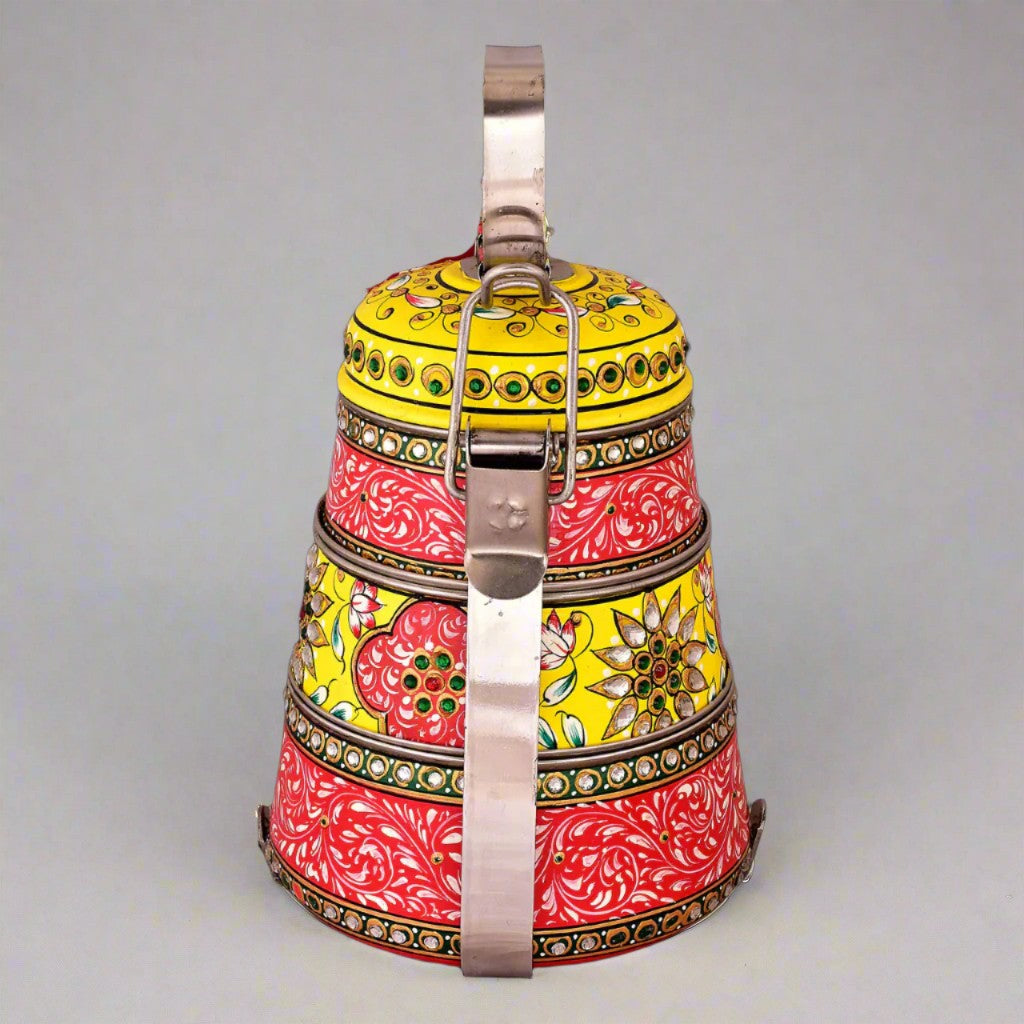 Hand-Painted 3-Tier Stainless Steel Lunch Box – red and yellow Design Eco-Friendly tiffin box