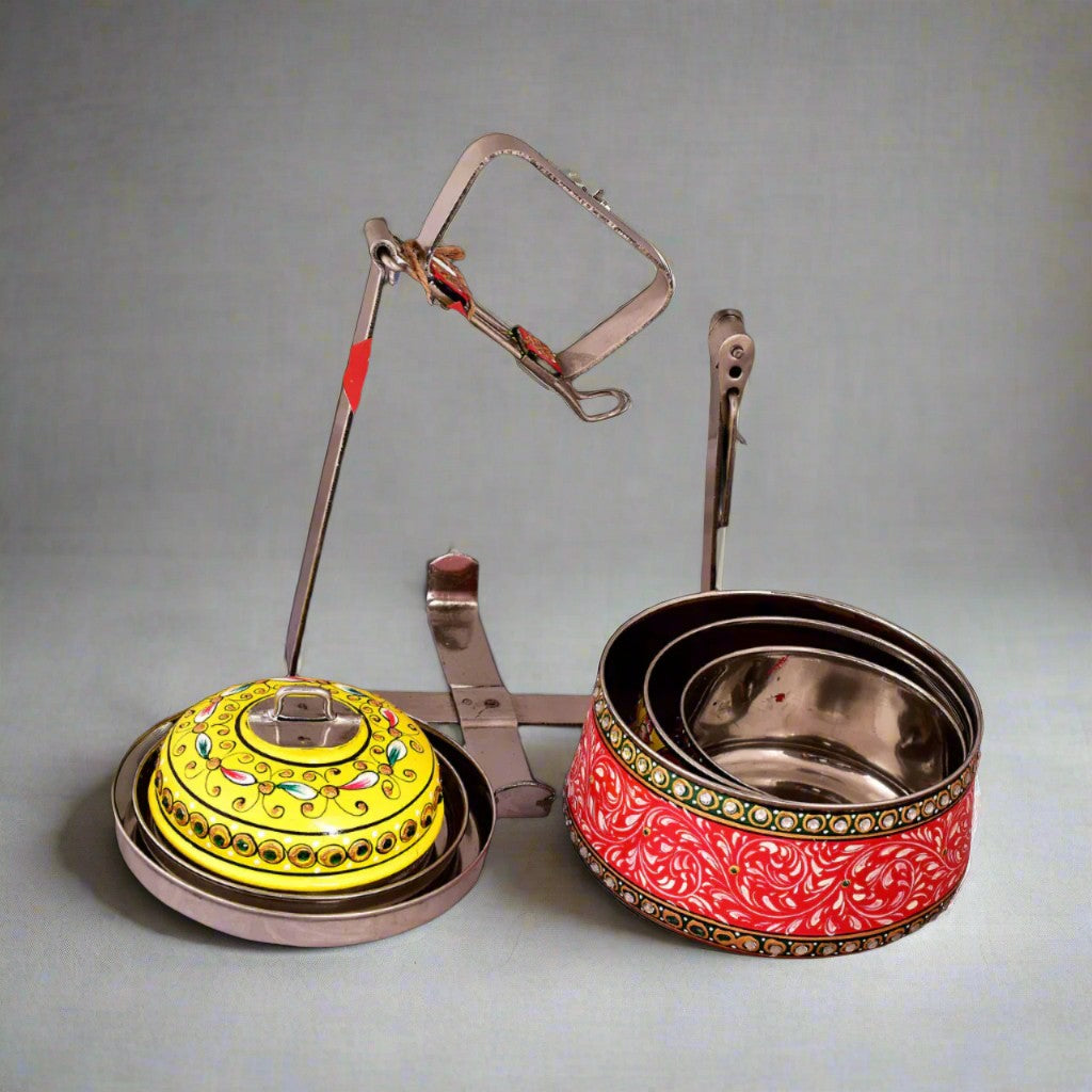 Hand-Painted 3-Tier Stainless Steel Lunch Box – red and yellow Design Eco-Friendly tiffin box