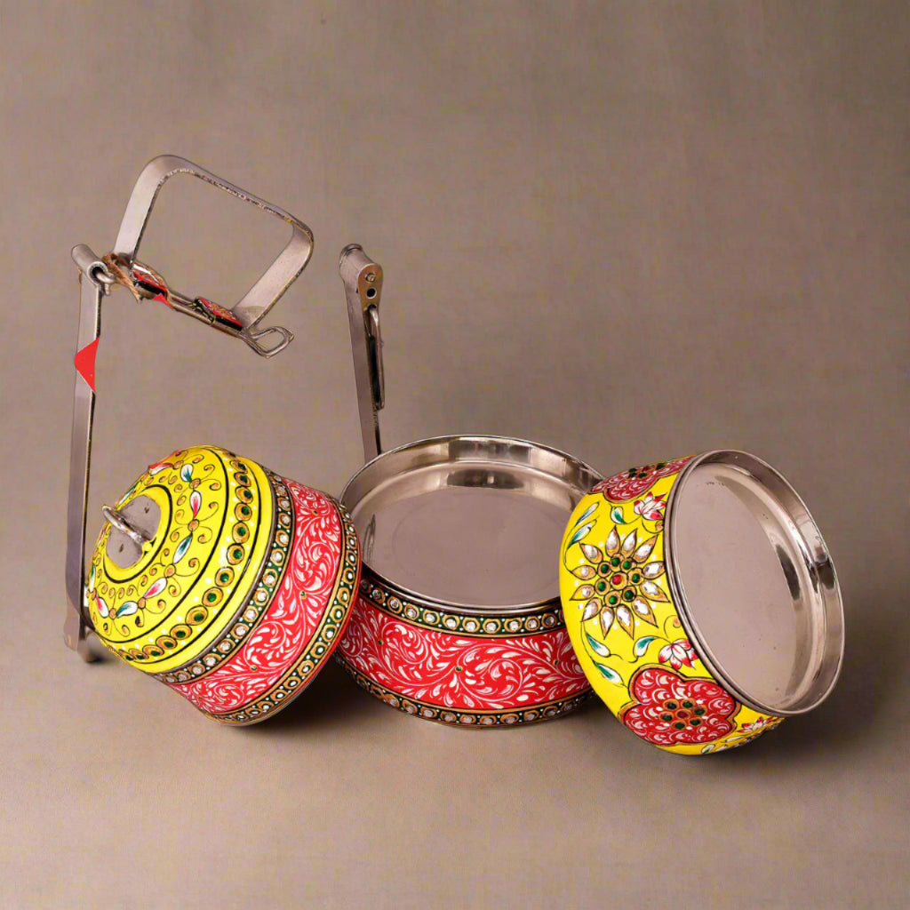 Hand-Painted 3-Tier Stainless Steel Lunch Box – red and yellow Design Eco-Friendly tiffin box