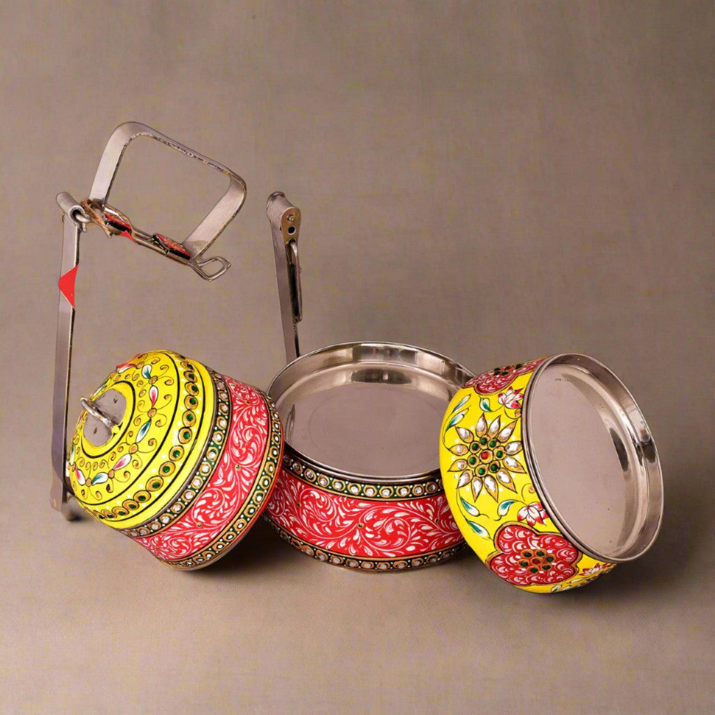 Hand-Painted 3-Tier Stainless Steel Lunch Box – red and yellow Design Eco-Friendly tiffin box