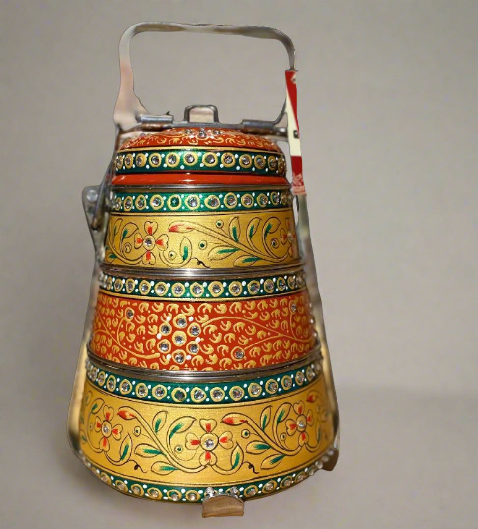 Hand-Painted 3-Tier Stainless Steel Lunch Box – golden Design Eco-Friendly tiffin box 3 tier