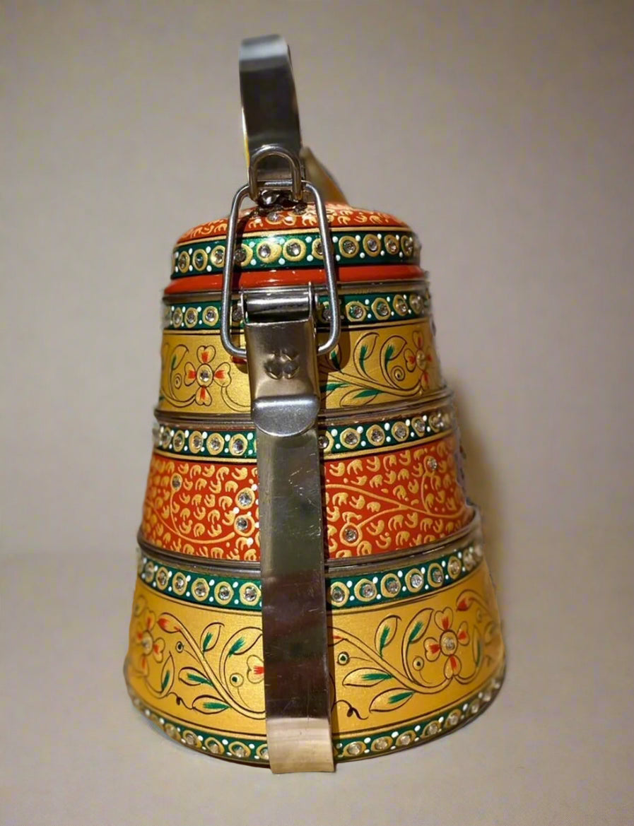 Hand-Painted 3-Tier Stainless Steel Lunch Box – golden Design Eco-Friendly tiffin box 3 tier