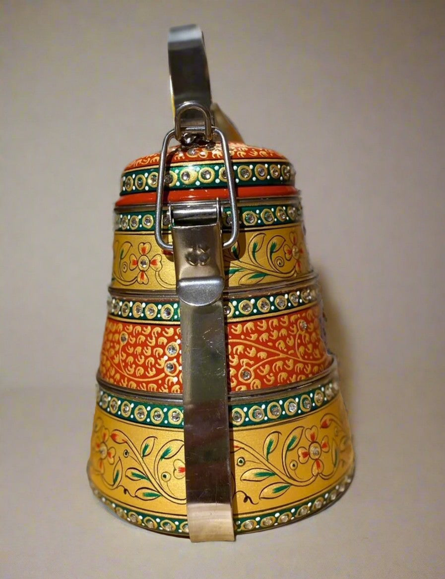 Hand-Painted 3-Tier Stainless Steel Lunch Box – golden Design Eco-Friendly tiffin box 3 tier